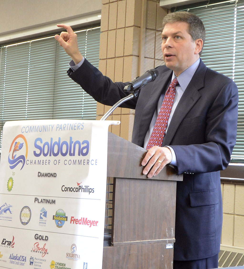 Democratic U.S. Senator Mark Begich speaks at a joint Soldotna and Kenai Chamber Luncheon Tuesday at the Soldotna Regional Sports Complex. Begich visited the Kenai Peninsula Tuesday to give a congressional update and answered questions about tax reform, oil production in the Arctic and health care.-Photo by Dan Balmer, Morris News Service - Alaska