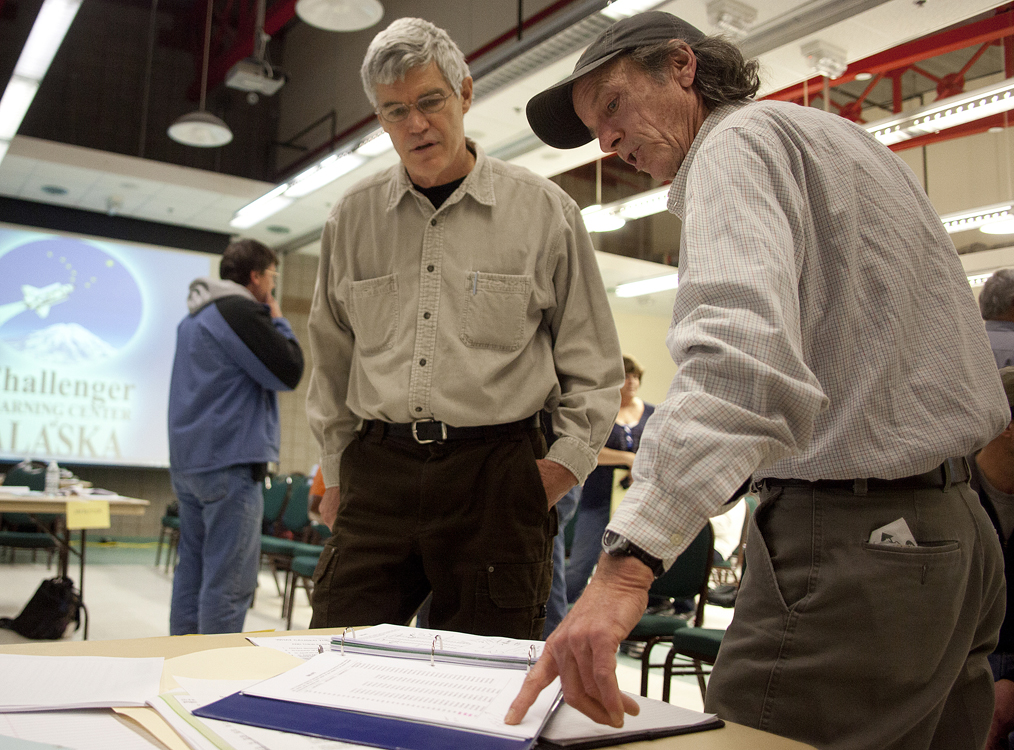 Upper Cook Inlet Task Force Chair Tom Kluberton chats with East Side setnetter Jeff Beaudoin during the second task force meeting Monday at the Challenger Learning Center in Kenai.-Photo by Rashah McChesney, Morris News Service - Alaska