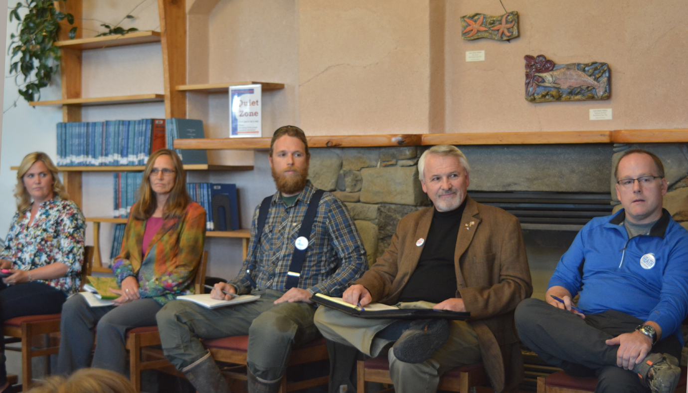 Candidates for Homer City Council attend a debate at the Homer Public Library last Friday. From left to right are Joni Wise, Donna Aderhold, Beauregard Burgess, Tom Stroozas and Heath Smith. Candidate Bob Howard was not able to attend the debate. Micheal Neece’s name is on the ballot, but he said he has withdrawn from the race for two seats on the council.-photo by Michael Armstrong, Homer News