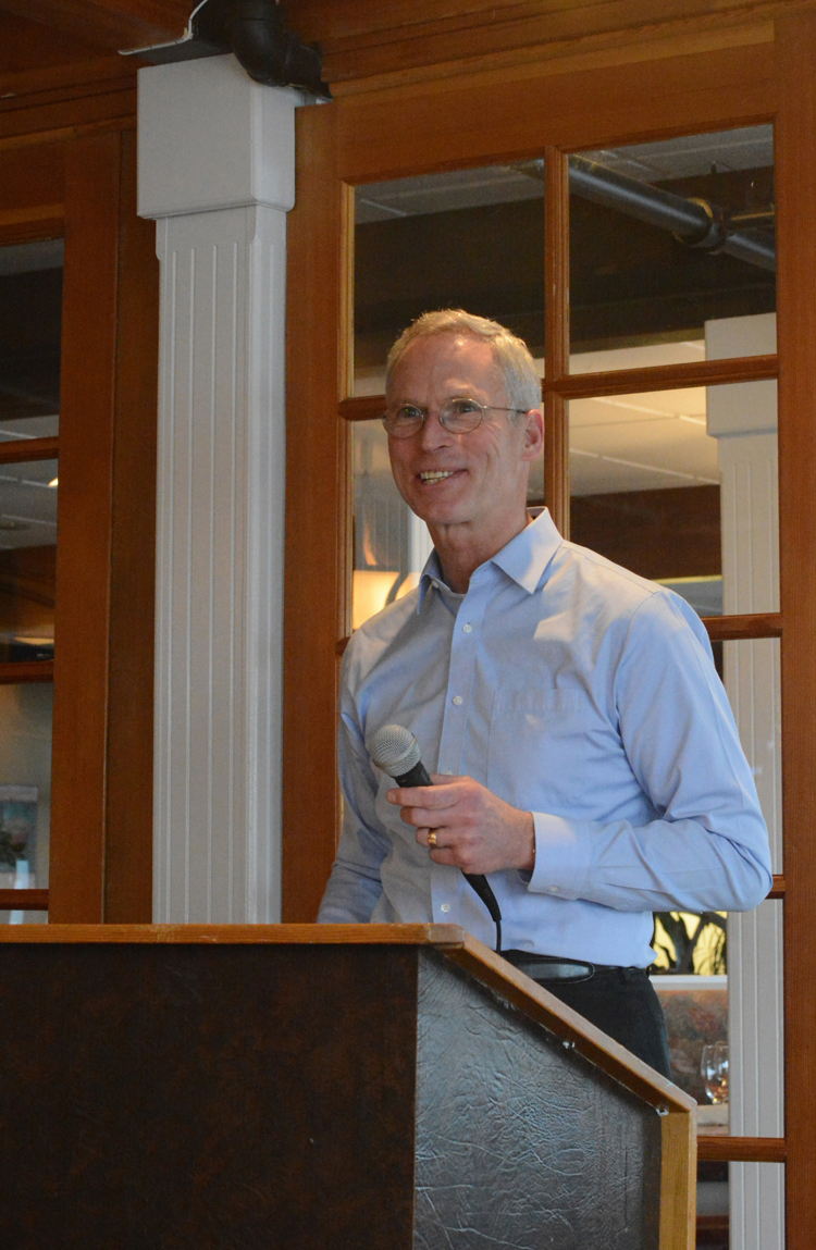 University of Alaska President Jim Johnsen speaks Nov. 11 at a luncheon at Land’s End Resort sponsored by the Homer Chamber of Commerce and Visitor Center.-Photo by Michael Armstrong, Homer News