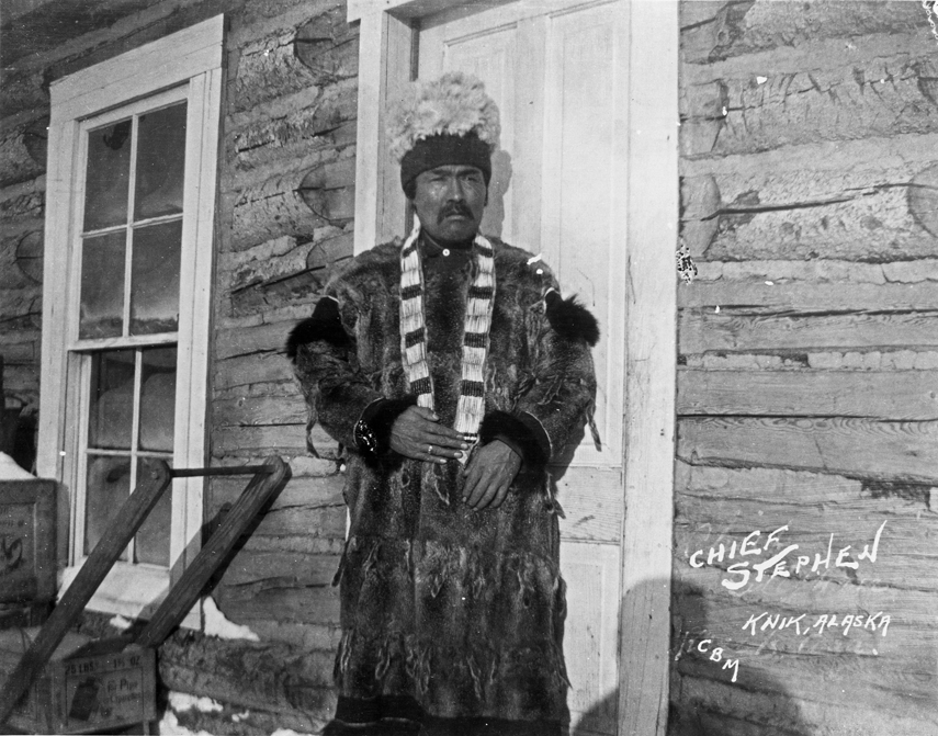 Chief Stephan wears a dentalium bandolier and ground-squirrel parka in Knik about 1907.-Photo provided, Anchorage Museum