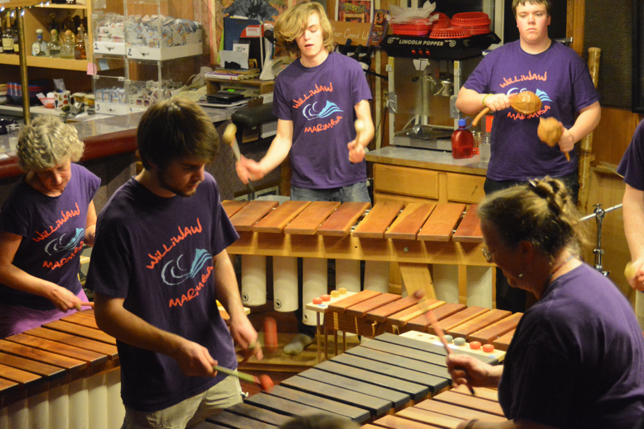 Williwaw Marimba plays at its final performance at Marimba Madness last Saturday at the Homer Elks Lodge. From left to right are Lisa Olsen, Patrick Latimer, Jonas Noomah, Paul Trowbridge and Janette Latimer.-Photo by Michael Armstrong, Homer News