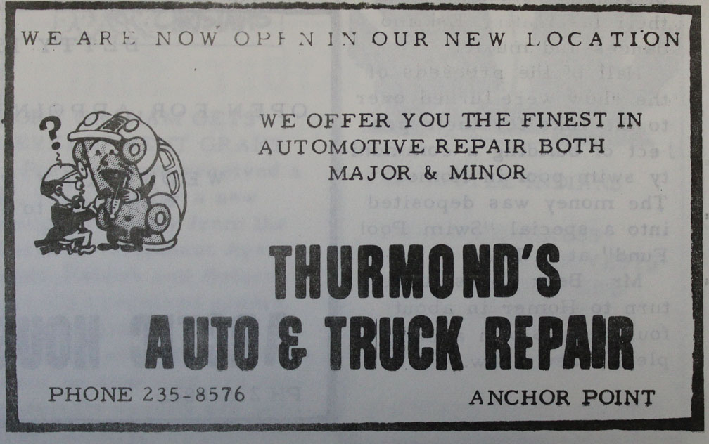 A Dec. 5, 1968, Homer News ad marks the original opening of Thurmond’s Auto and Truck Repair at its current Anchor Point location.-From the Dec. 5, 1968, Homer News