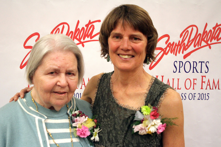 Neysa Villa, left, and Jane Wipf Wiebe pose for a photo at a reception for friends and family at the Sioux Falls Convention Center on April 12, one day after being inducted into the South Dakota Sports Hall of Fame. Villa and Wipf were two of 20 that made up the hall of fame’s Class of 2015 and have strong ties to Freeman.