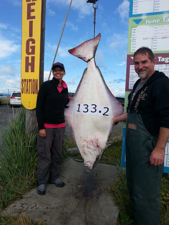 Milsah Balen of Sardis, Ohio, shows off the halibut she caught Aug. 3 while fishing with Capt. Rob Hyslip of Big Bear Halibut Charters.-Photo provided