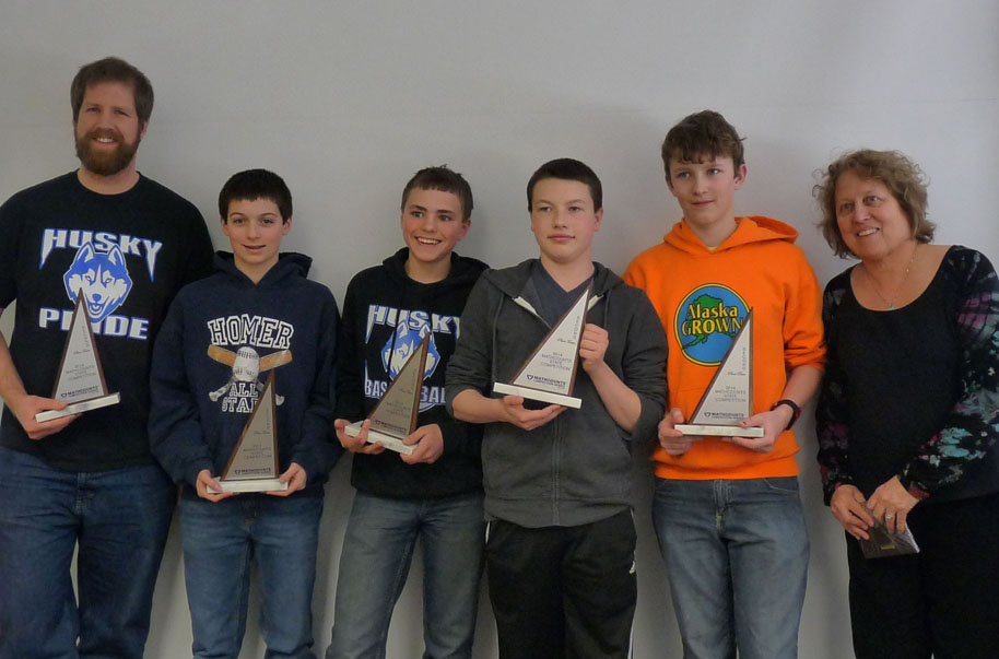 Celebrating their third-place standing are HMS Math Meets Coach Rand Seaton; team members Douglas Dean, Denver Waclawski, Tim Blakely and Ben Kettle; and Coach Sara Reinert.-Photo provided