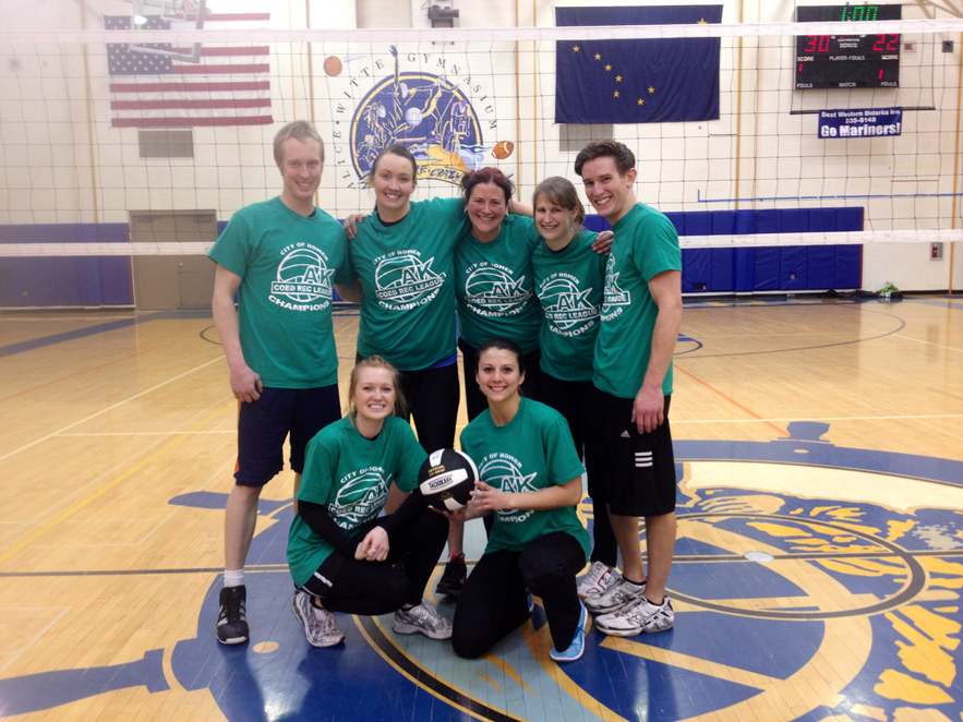 Spiked Punch team members — back row from left, Casey Siekanic, Annelisa Neely, Jessica Marx, Michelle Borland and Kent Friesen; and front row from left, Britni Johnson and Amanda Strittmatter — are season champs.-Photo by Mike Illg