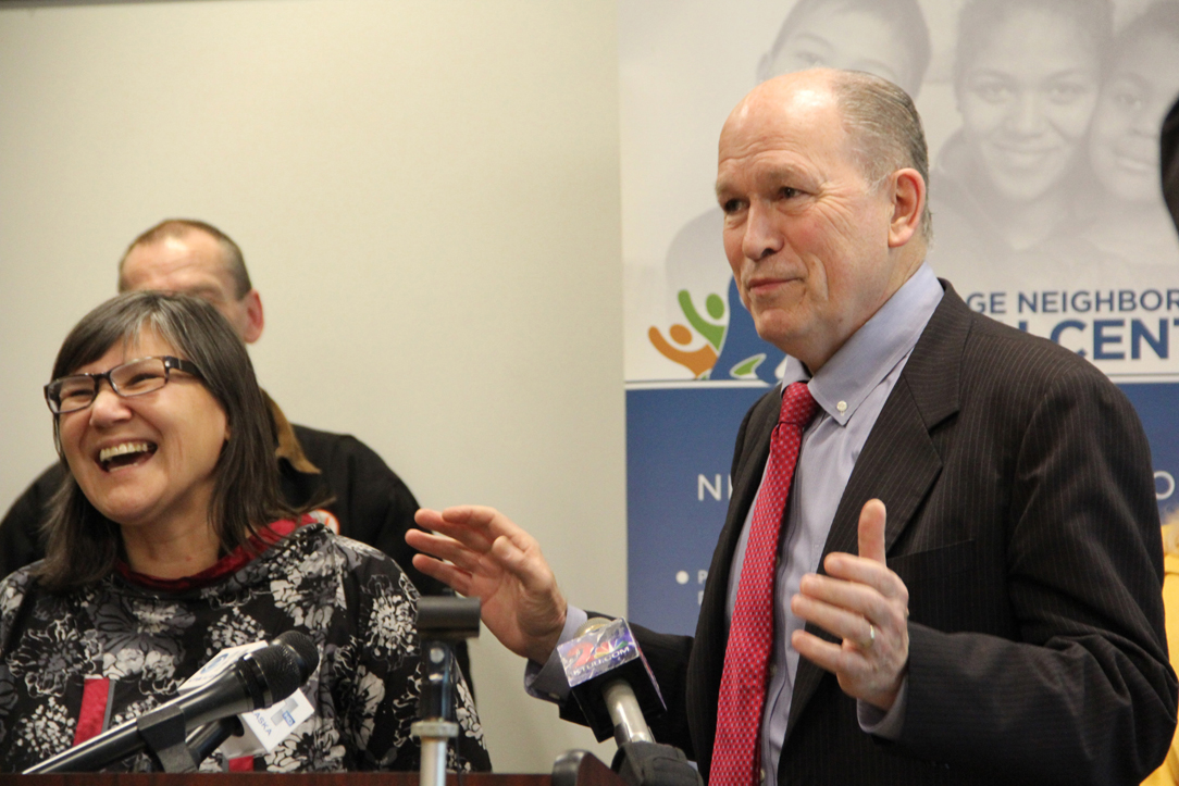 Alaska Department of Health and Social Services Commissioner Valerie Davidson and Gov. Bill Walker discuss the administration’s plan to expand Medicaid in Alaska during a Feb. 6 news conference at the Anchorage Neighborhood Health Center.-Photo by Elwood Brehmer, Morris News Service - Alaska