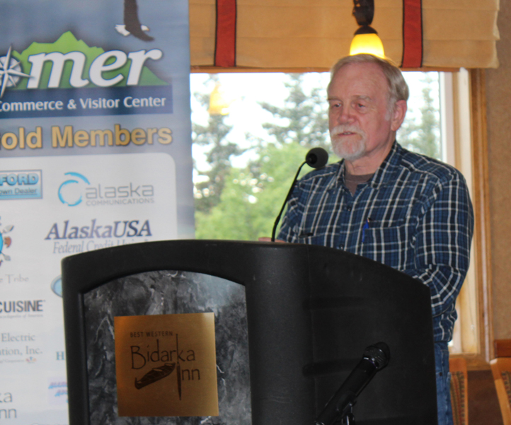 Kenai Peninsula Borough Assembly member Bill Smith, District 8-Homer, speaks at a June meeting of the Homer Chamber of Commerce and Visitor Center. -Photo by McKibben Jackinsky, Homer News