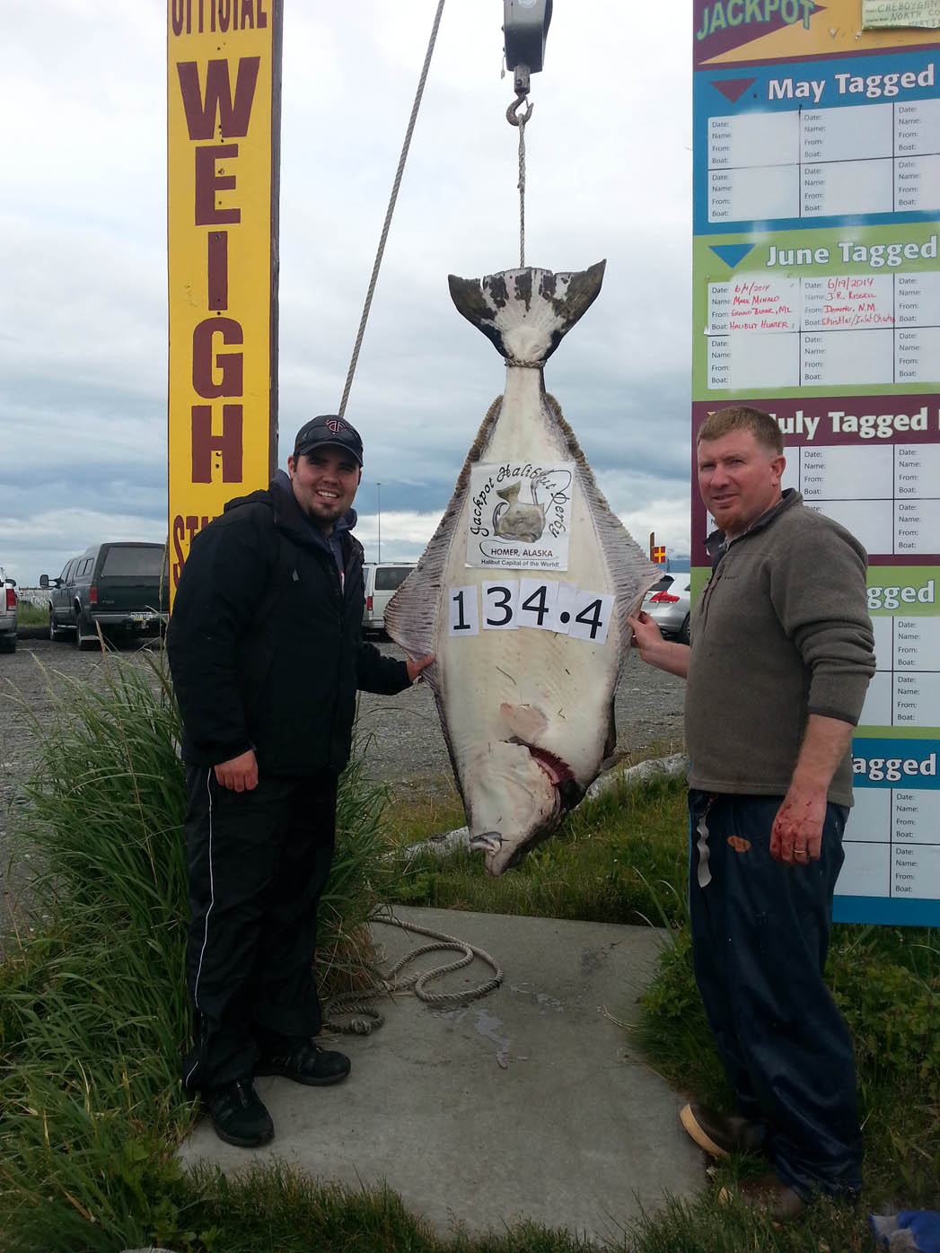 Sean hoffbeck of Kenai, left, caught this 134.4-pound halibut Sunday while fishing with Capt. Gabe Linegar, right, of Drift Alaska Charters. -Photo provided