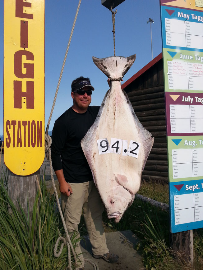 Kevin Anderson of Crystal, Minn., brought in this 94.2-pound halibut July 21 while fishing with Capt. Mark Sutherland of Bob’s Trophy Charters.-Photo provided
