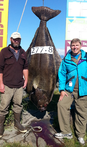 Capt. Greg Northover, left, and Ned Friedman show off Friedman’s 277.8-pound halibut.-Photo provided