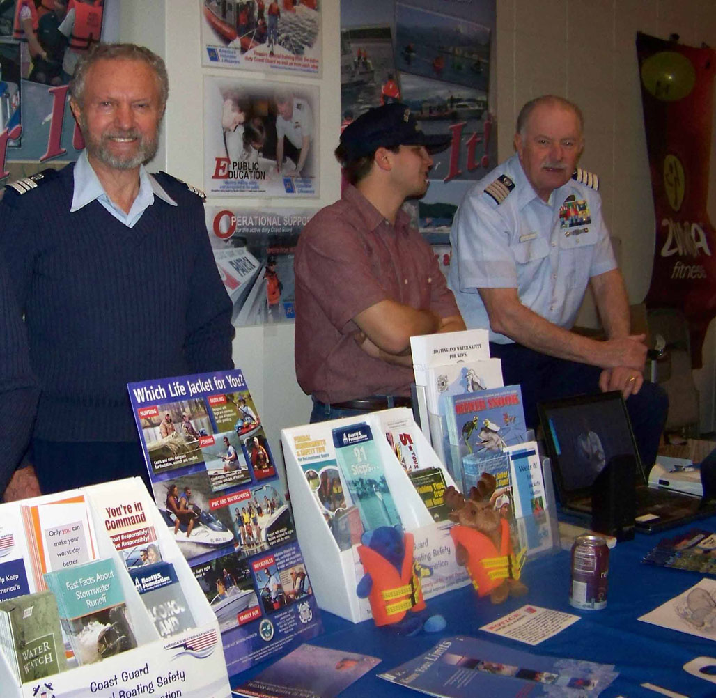 Tips for staying safe and well on the water were offered at the 2011 Health Fair by the U.S. Coast Guard Auxiliary Homer Flotilla, represented by, from left, Dennis Thaute, Alex Stuart and Dan Cole. The U.S. Coast Guard Auxiliary will be represented again this year.-Photo by McKibben Jackinsky, Homer News