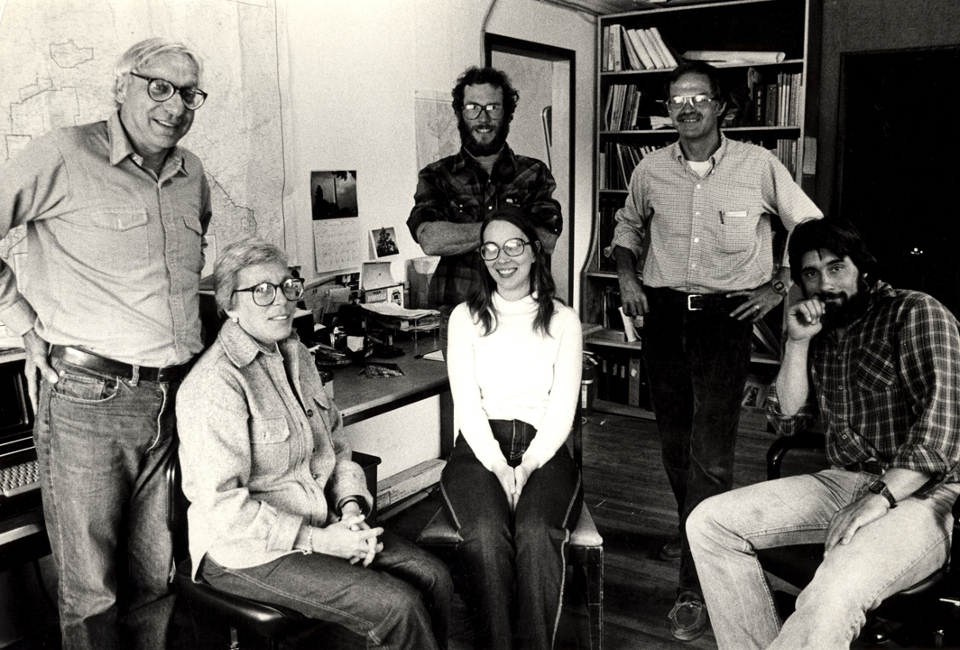 Part of the Homer News crew in the mid-1980s takes a break and poses for this photo. From left are Publishers Howard and Tod Simons, Managing Editor Joel Gay, Business Manager Jill Morse, Editor Tom Gibboney and Reporter Hal Spence. The Homer News was located on Pioneer Avenue in those days, in the building now occupied by Cafe Cups.