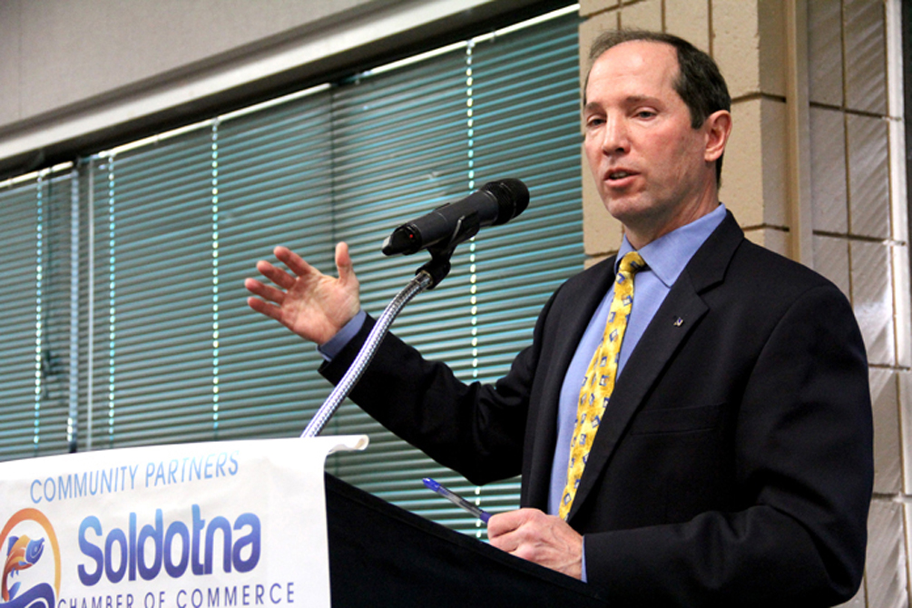 Kenai Peninsula Borough Mayor Mike Navarre speaks to attendees at the Soldotna and Kenai Chambers of Commerce joint luncheon on Tuesday at the Soldotna Regional Sports Complex. -Photo by Kaylee Osowski/Morris News Service - Alaska
