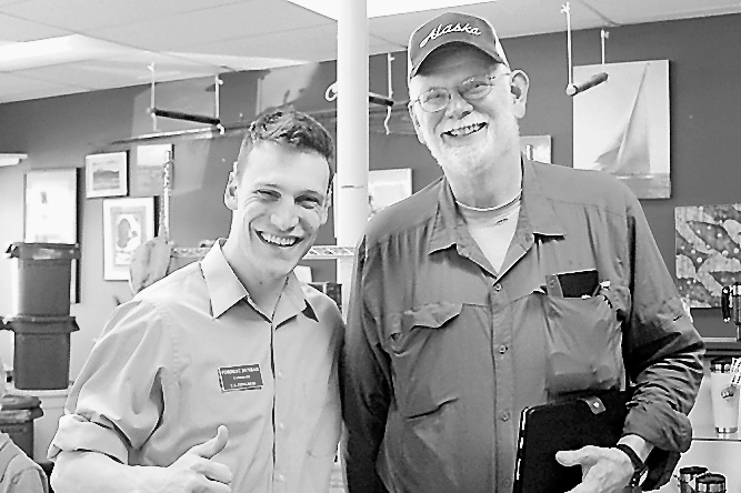 Frank Vondersaar, right, poses with fellow Democratic Party candidate for U.S. Congress Forrest Dunbar in July at Captain’s Coffee. Dunbar won the nomination.-Photo by Michael Armstrong, Homer News