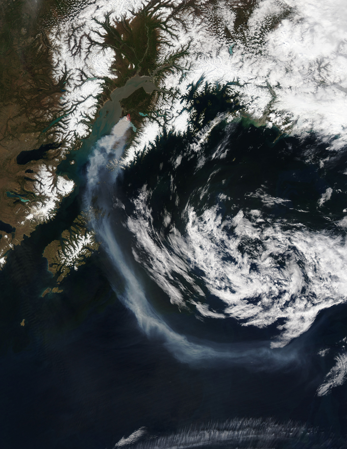A NASA satellite photo taken Tuesday shows a smoke plume moving into the Gulf of Alaska.-Photo provided, NASA