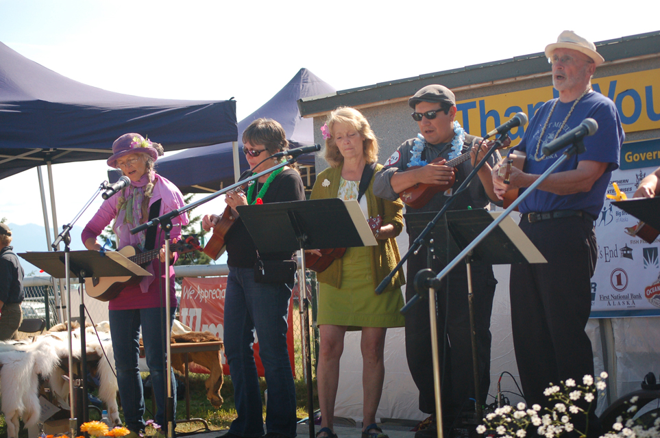 The Homer Ukulele Group performs at the Governor’s Family Picnic. Falcon Greear led the singing of the National Anthem and the Alaska Flag Song.-Photo by Michael Armstrong, Homer News