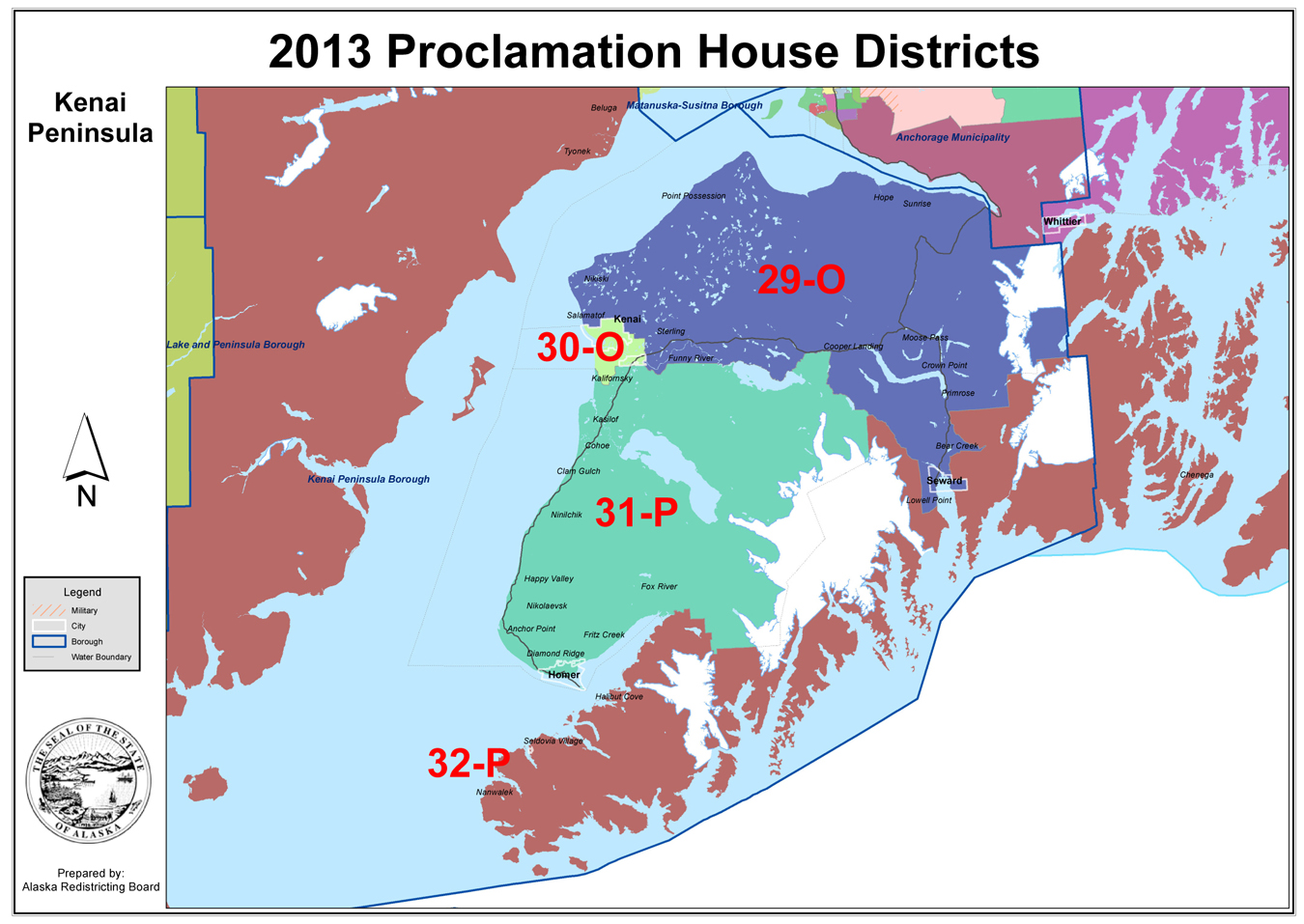This map of the Kenai Peninsula House and enate districts show the Alaska Redistricting Board’s proposal. Homer would be in House District 31-P and Seldovia and Halibut Cove in House District 32-P.-Map provided, Alaska Redistricting Board