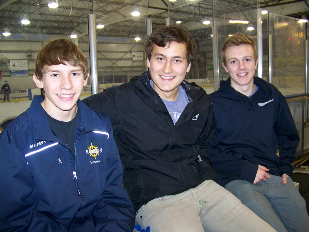 Mariner defensemen JJ Sonnen, Anton Kuzmin and Dawson Roberts are looking forward to the End of the Road Shootout, today through Saturday, with teams from Houston, Hutchison and Juneau in town for three days of hockey action at the Kevin Bell Arena.-Photo by McKibben Jackinsky, Homer News
