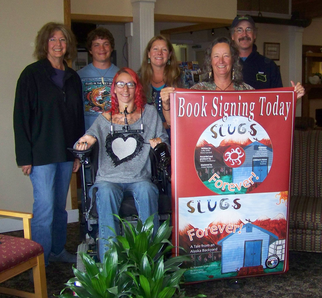 Several people have played a role in the “Slugs Forever!” project, which will benefit the Independent Living Center. They include Marianne Schlegelmilch, Robert Hockema, Maggie Winston, Sally Wills, Joyanna Geisler and Dave Gerard.-Photo by McKIbben Jackinsky, Homer News