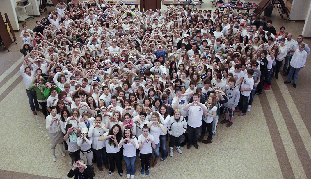 Students and staff at Soldotna High School arrange themselves in a heart shape and pose for a photo Tuesday to show support for the victims of the shooting at Sandy Hook Elementary School in Newtown, Conn., last week.