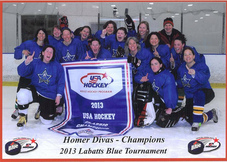 The Divas celebrate their win in the USA Hockey Alaska State Tournament. Back row, from left, are Leslie Mastick, Karyn Noyes, Di Carbonnel, Ori Badajos, Nora Rojek, Deb Moseley, Jessie Cashman and Coach Dean Kildaw; front row, from left, are Chuck Flyum, Ingrid Harrald, Leslie Slater, Lydia Brown, Hannah Johnson and Kristen Brown.-Photo Provided