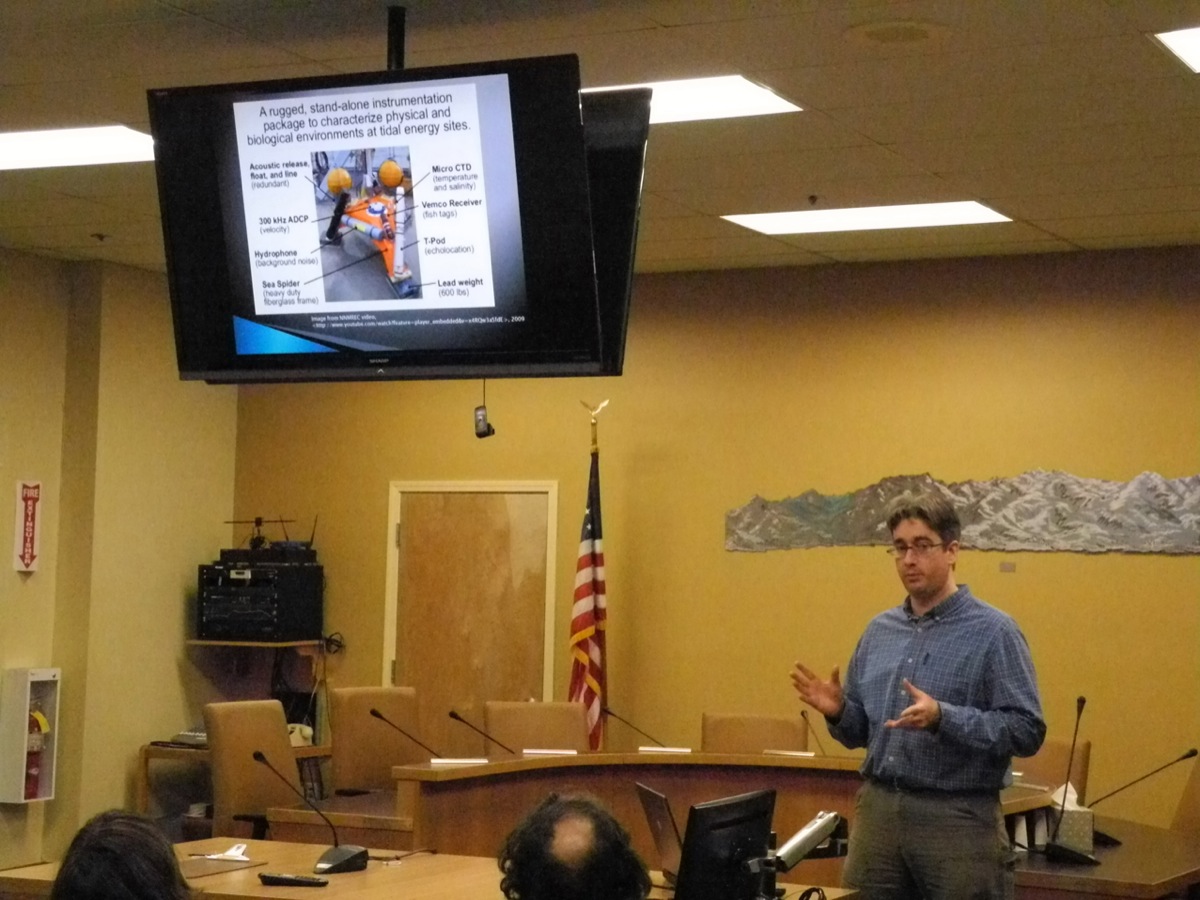 Ian Dorman, a University of Alaska Anchorage engineering student, speaks at a presentation on the Tidal Energy Incubator Project on Feb. 19 at Homer City Hall.