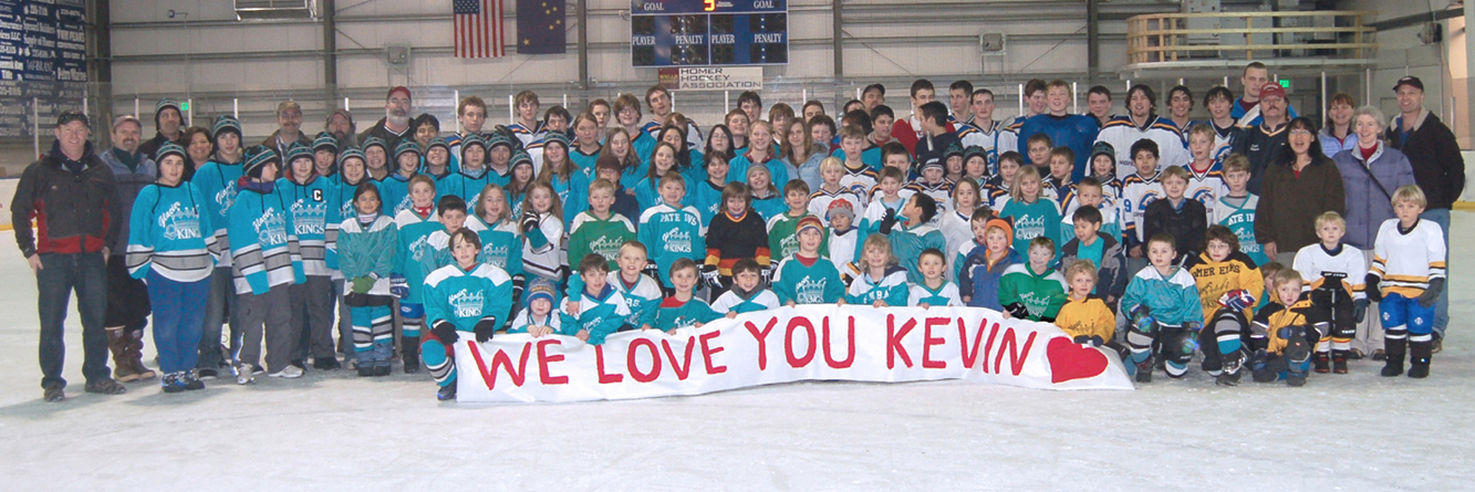 In this February 2007 photo, hockey players show their support for Kevin Bell. At the time, Bell was recovering from surgery. He died in January 2008. Starting at 2 p.m. Sunday is Kevin Bell Day at the Kevin Bell Ice Arena, with a tribute to Bell, free skating, hockey and broom ball games.-Photo provided