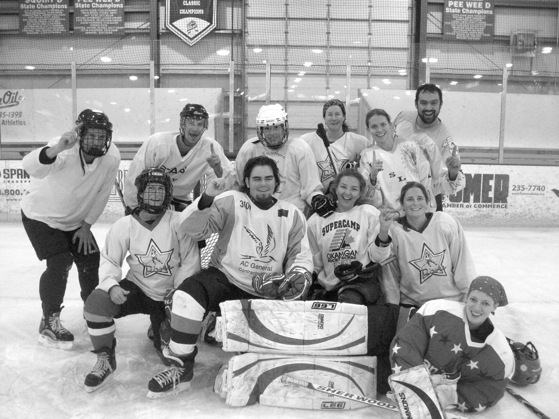 Members of the East End Moose pose for a celebratory photo after winning the 3rd Annual Coed Jamboree at Kevin Bell Arena last weekend. Teams were made up of players off all skill levels from as far away as Juneau.-Photo provided