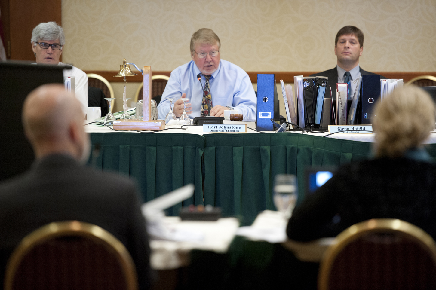 The Alaska Board of Fisheries has an open regulatory process, with all members of the public allowed to submit proposals for management to be considered by the seven-member board. Each state waters fishery is considered once every three years, with occasional issues taken up sooner if the board chooses. Here, Chairman Karl Johnstone presides over the Pacific cod meeting held this past October in Anchorage. The longest meeting is for Upper Cook Inlet, which takes two weeks and will begin in late January 2014. -Photo by Michael Dinneen, Morris News Service - Alaska