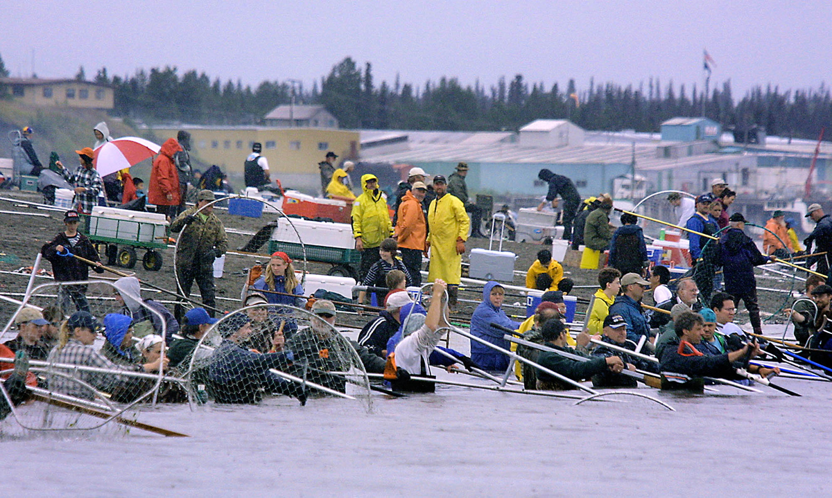 Dipnetters ignore the rain as they crowd the mouth of the Kenai River on Sunday, July 18, 2004, trying to net their limit of red salmon swimming up the river in Kenai. A larger than usual number of sockeye have returned to the Kenai and Kasilof rivers, drawing hundreds of dipnetters and anglers to the Kenai Peninsula trying to fill their freezers. Only Alaska residents are allowed to participate in the annual personal use fishery which allows the head of a household to catch 25 fish and 10 fish for each member of the family. Anglers are allowed to keep three fish a day.-Photo by Al Grillo, Associated Press