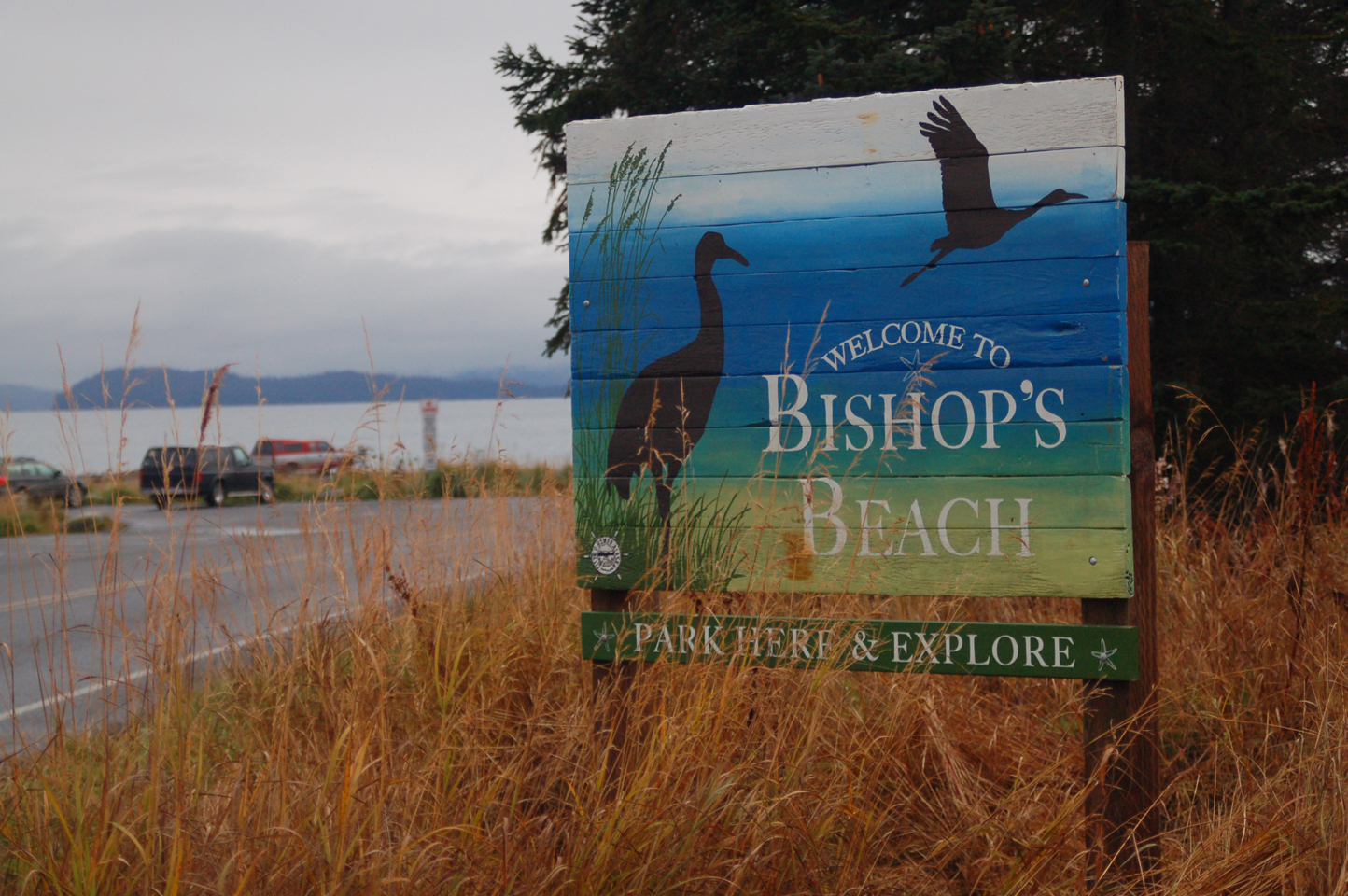 A new sign at Bishop’s Beach welcomes visitors. Tracy and Tracy of Lost Things Design created the sign under a commission from Bunnell Street Art Center’s ArtPlace America grant.-Photo by Michael Armstrong, Homer News