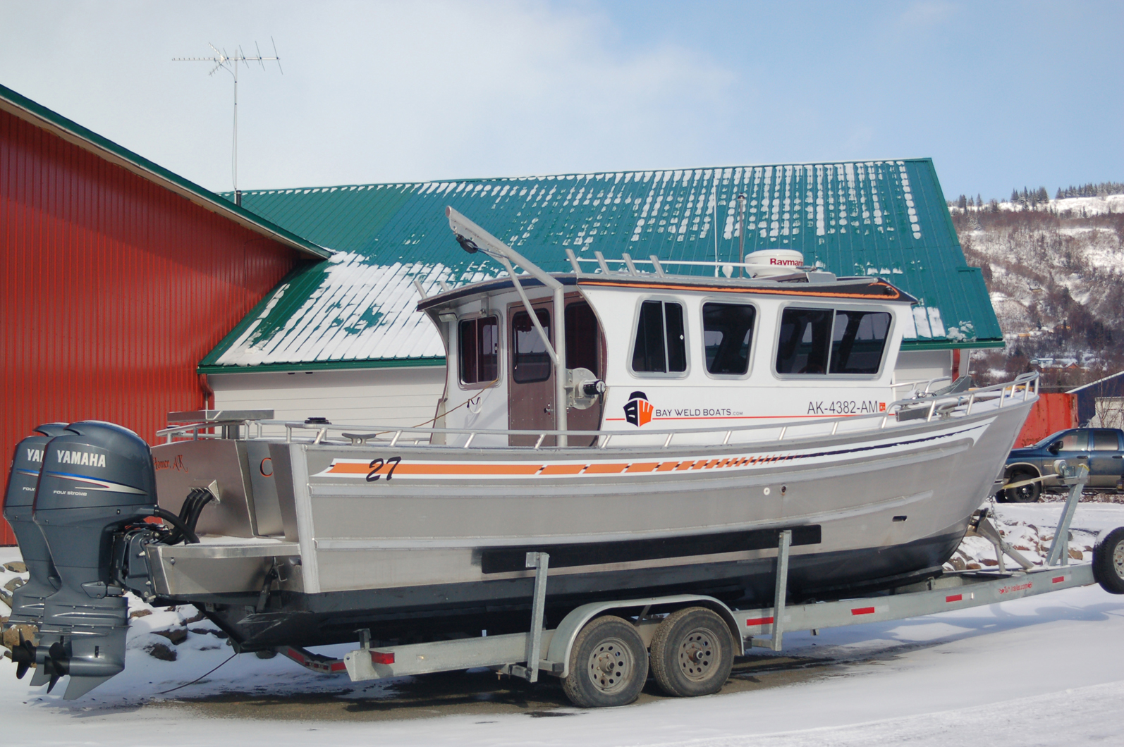 A 27-foot Bay Weld boat sits outside the Bay Welding shop on East End Road.-Photo by Michael Armstrong, Homer News