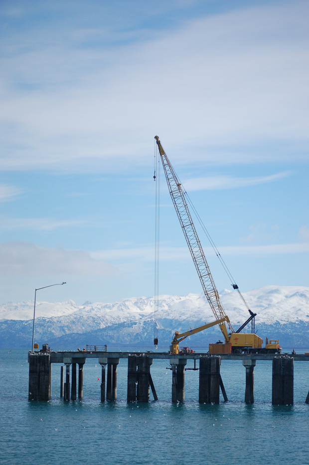 A crane sits on the Deep Water Dock for the fender replacement project.-Photos by Michael Armstrong, Homer News