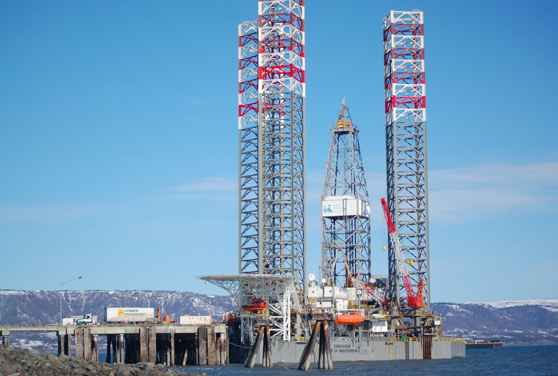 Buccaneer Energy’s Endeavour-Spirit of Independence jack-up rig is shown at Homer’s Deep Water Dock in March of 2013. -Photo by Michael Armstrong, Homer News