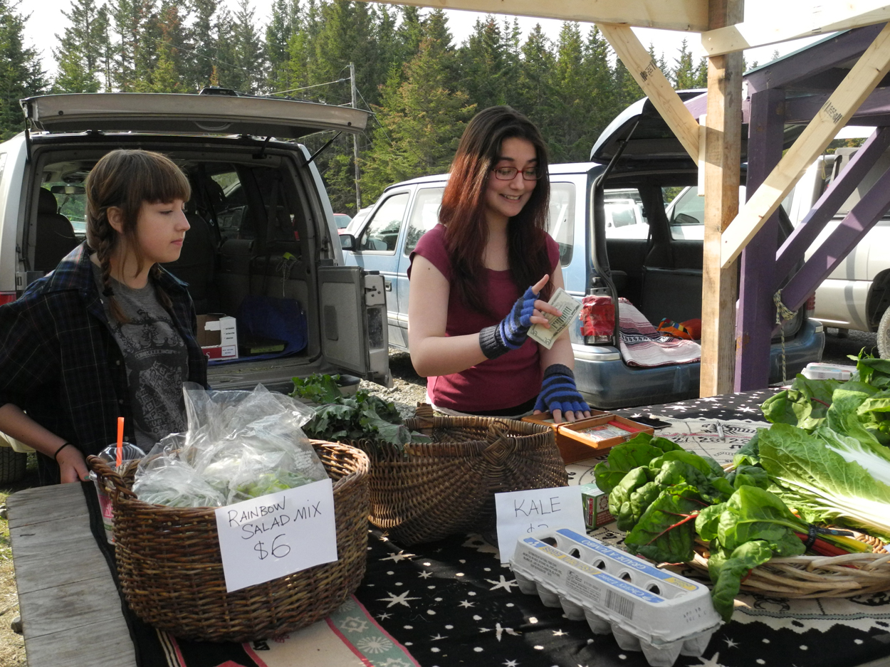 Chloe Pleznac makes a sale at the Snowshoe Hollow booth at the Homer Farmers Market on Saturday. -Photo by Michael Armstrong, Homer News