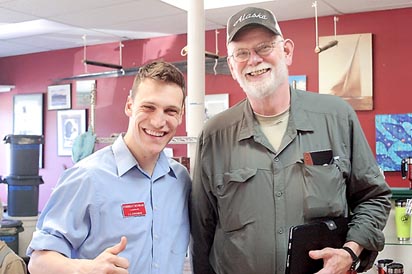 Forrest Dunbar, left, poses with Frank Vondersaar of Homer. The two Democrats are running against each other for the Democratic Party seat in the election for U.S. Congressman. Another lower Kenai Peninsula candidate, John Cox of Anchor Point, is running for the Republican Party nomination against incumbent Congressman Don Young.-Photo by Michael Armstrong, Homer News