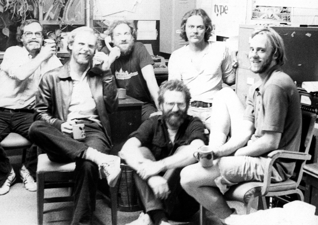 This photo taken about June 1979 with the hiring of Joe Wills as managing editor shows former Homer News editors, publishers and managing editors. From left to right are Tom Gibboney, Gary Williams, Tom Kizzia, Wills, Steve Cline and Chip Brown.-Photo provided, Tom Kizzia