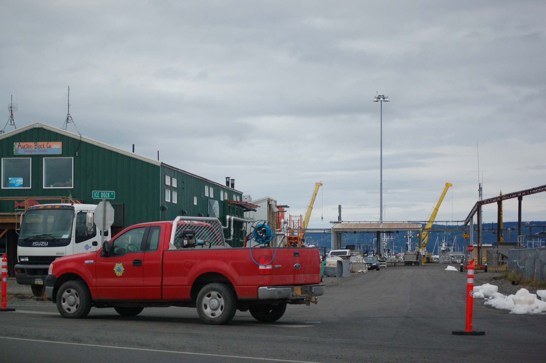 A Port of Homer truck blocks off Ice Dock Road on the Homer Spit during an evacuation and closure of the Fish Dock Road area on Monday afternoon. A possible carbon dioxide leak from a refrigeration unit at the Auction Block prompted harbor officials to close the area. The possible leak was caused by a refrigeration unit problem related to a power outage on the Spit and along the Sterling Highway.-Photo by Michael Armstrong, Homer News