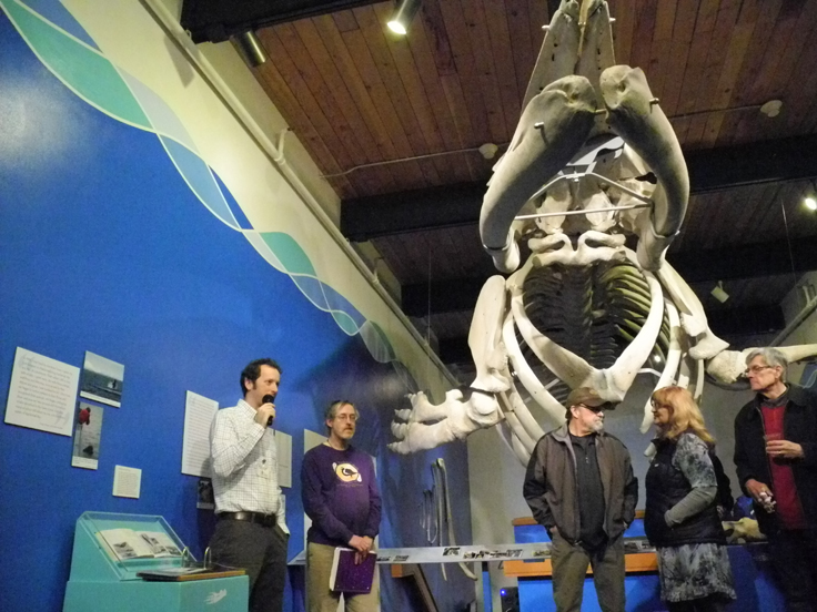 Scott Bartlett, left, Pratt Museum curator of collections, speaks at the opening last Friday of “Encounters: Whales in Our Waters,” as Lee Post, right, listens. Post coordinated ariculating the whale skeleton hanging from the ceiling.                               -Photo by Michael Armstrong, Homer News