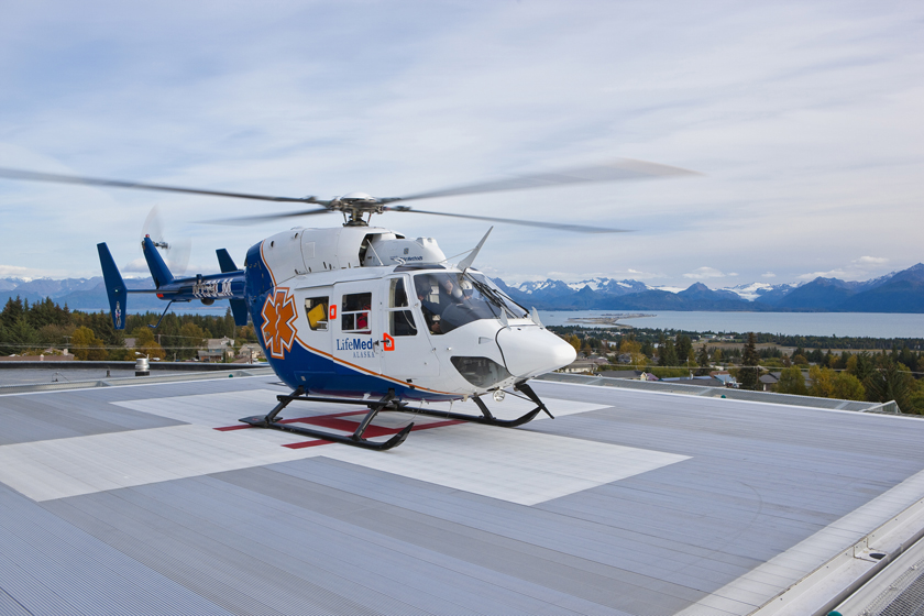 A LifeMed Alaska medevac helicopter lands on the rooftop helipad of South Peninsula Hospital. LifeMed made 23 helicopter medevacs last year and 30 so far this year.-Photo provided
