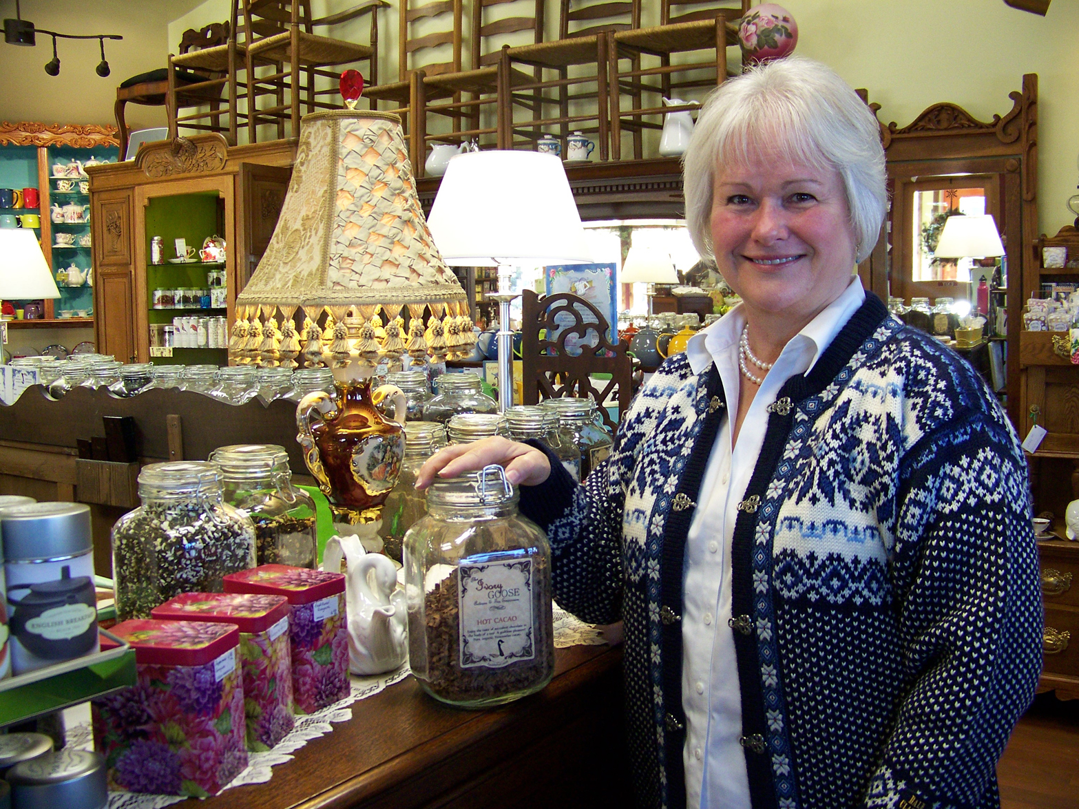 Offering more than 150 flavors of tea, Coletta Walker, owner and operator of Ivory Goose Antiques and Tea Emporium, is introducing Homer to the world of tea.-Photo  by McKibben Jackinsky, Homer News