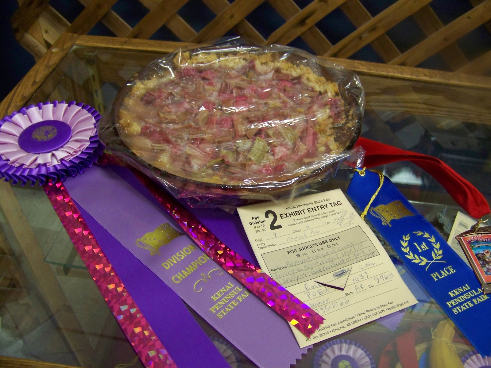 Emily Coble's rhubarb pie took blue first-place and purple division-champion ribbons in the 9- to 13-year-old division at the Kenai Peninsula State Fair-Photo by McKibben Jackinsky, Homer News
