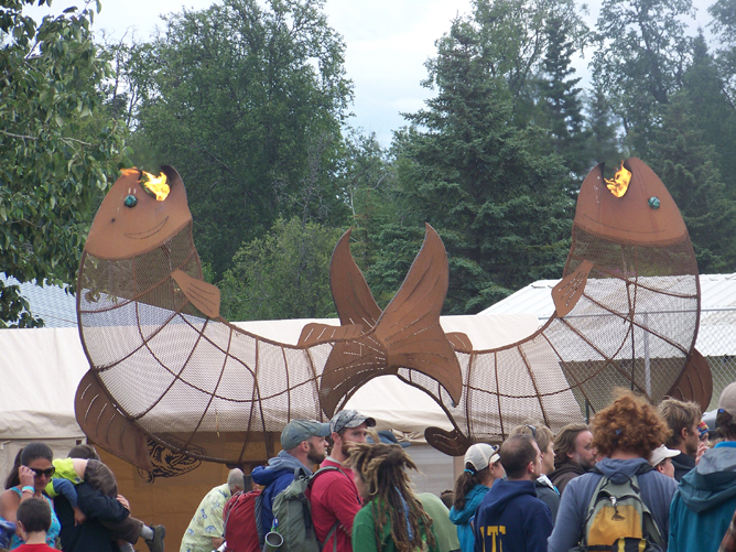 Salmon sculptures spout fire at last year’s Salmonstock in Ninilchik. The music festival celebrating wild salmon runs Friday-Sunday. For ticket information, see salmonstock.org.-Photo by McKibben Jackinsky, Homer News
