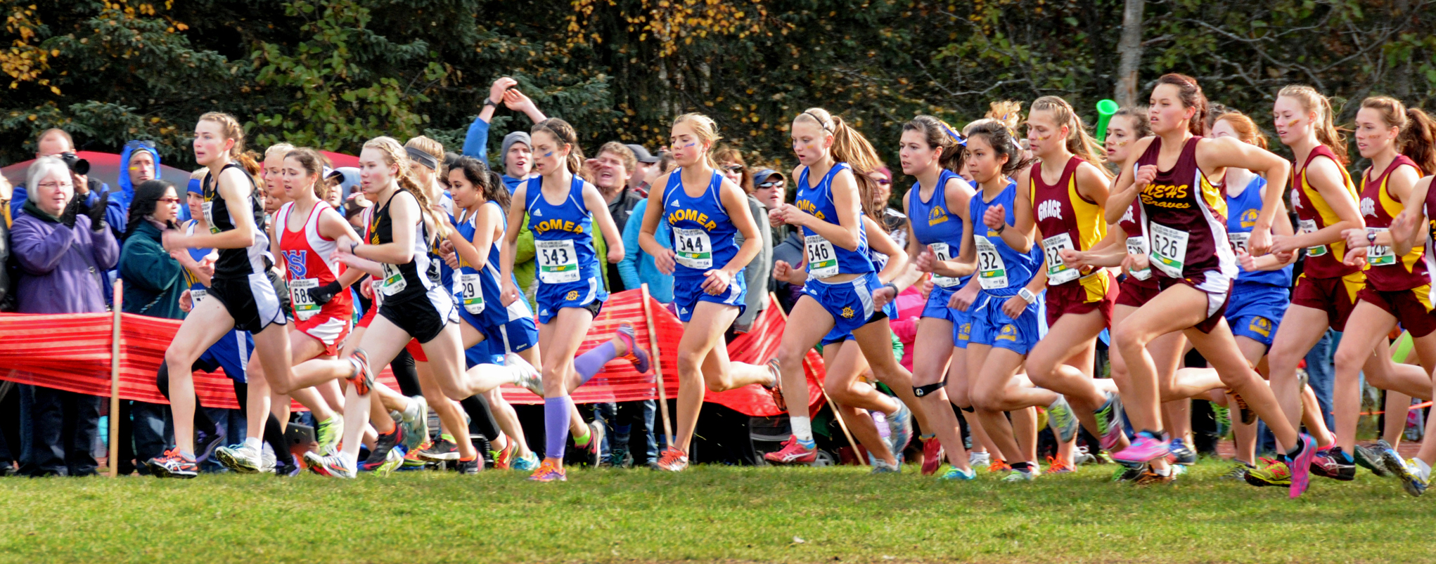 Mariner runners Megan Pitzman, 543, Aurora Waclawski, 544, and Ziza Shemet Pitcher, 546, cross the starting line at state competition in Anchorage on Saturday.