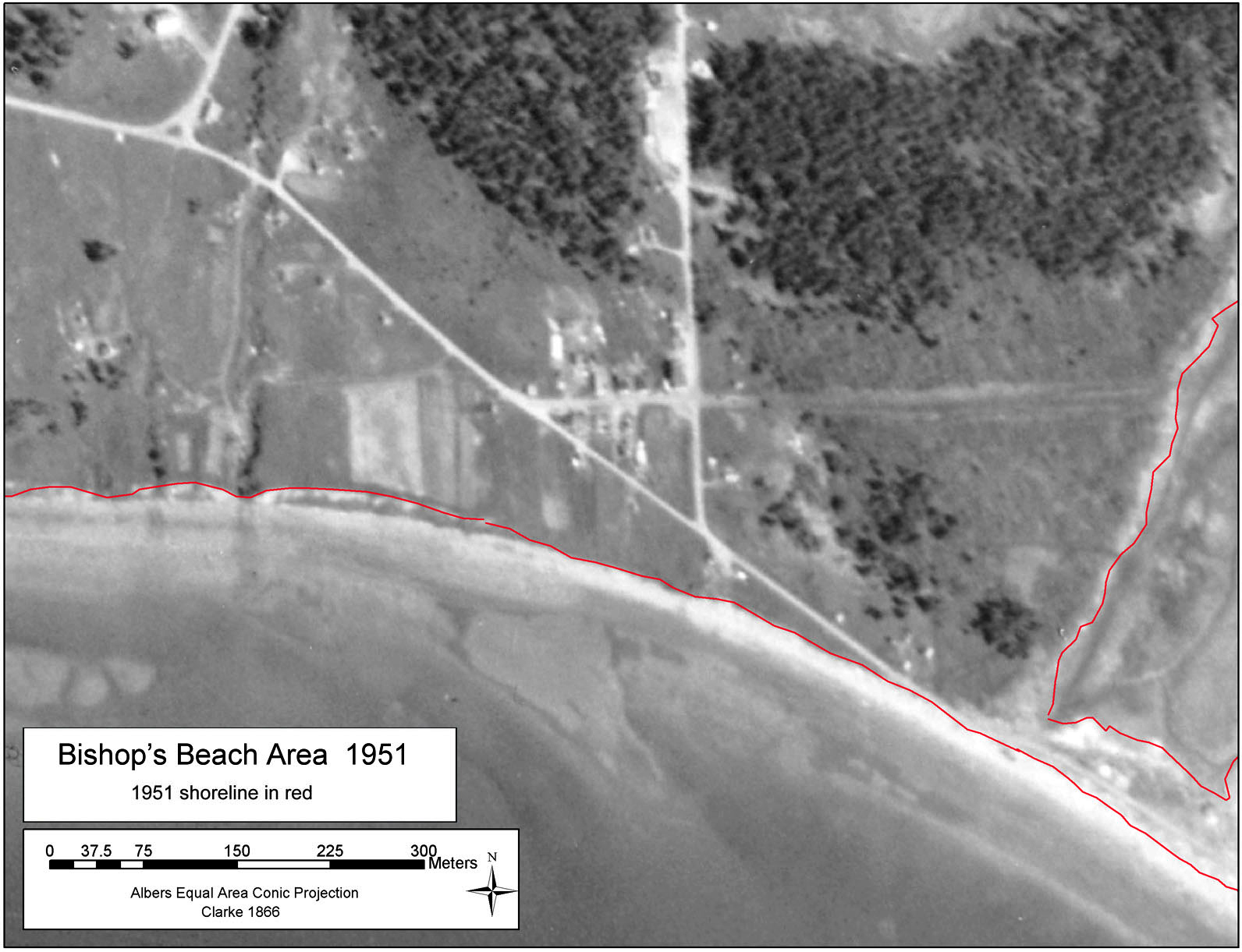 This aerial photo done by the Kachemak Bay Reserach Reserve for a study of shoreline changes shows Old Town in 1951. The intersection of Bunnell Avenue and Main Street is in the center, with Ohlson Lane running diagonally northwest to southeast. The interesection of Ohlson Lane and Pioneer Avenue is in the upper left where the old Homer Intermediate School now is.-Photo provided; Kachemak Bay Research Reserve