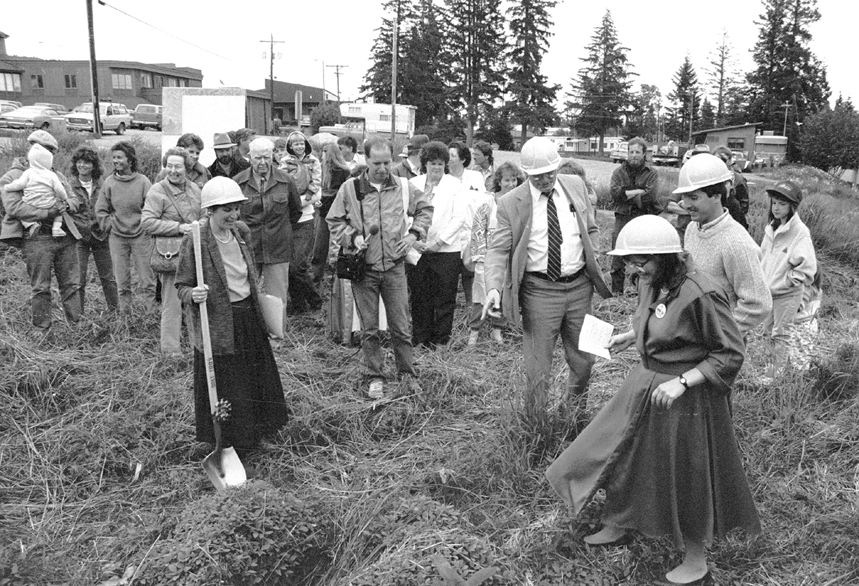 In June 1988, KBBI programming director Susan Kernes, left, holds the shovel while development director Cathy Thomas, right, shows Sen. Paul Fischer, R-Soldotna, center left, and Rep. Mike Navarre, D-Kenai, center right, where to break ground for KBBI’s new Kachemak Way studio.-Homer News file photo