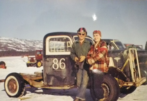 A photo from the 1959 Homer Racing Association scrapbook shows Bill and Arleen Kranich standing by their race car.          -Photo provided by Ray Kranich from the Wythe family collection
