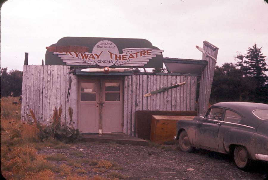 Shown at its last location near Bishop’s Beach, the Skyway Theatre originally opened where the Homer United Methodist Church is currently located.-From the Wythe Family collection